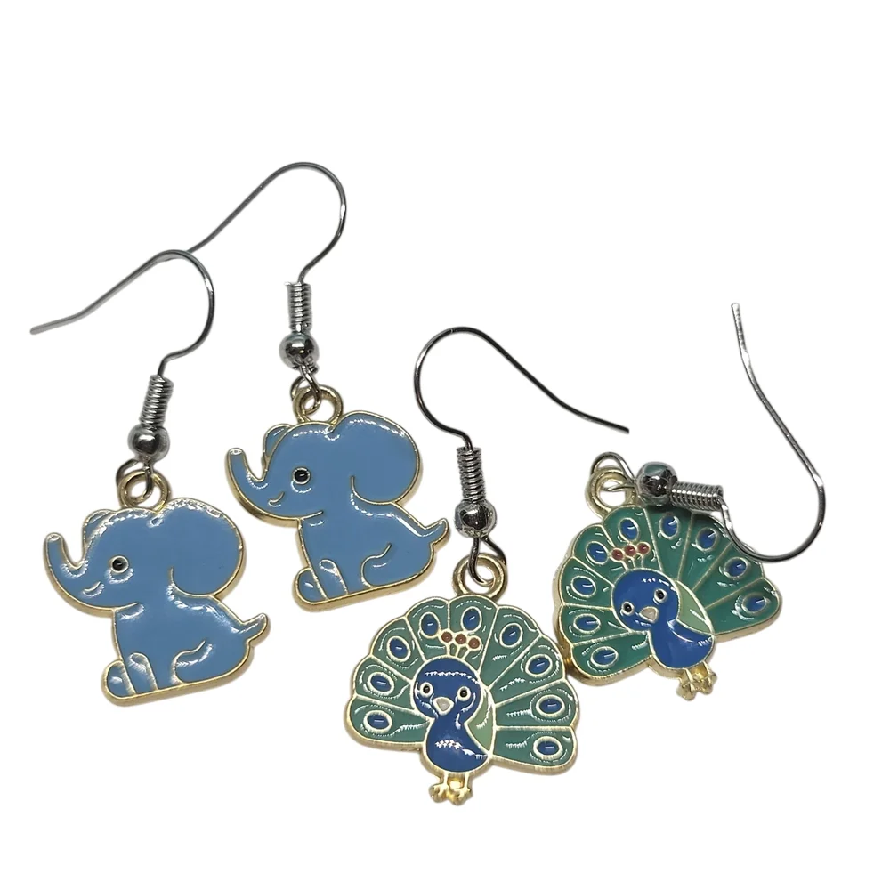 Charming Blue Elephant and Peacock Earrings for Kids